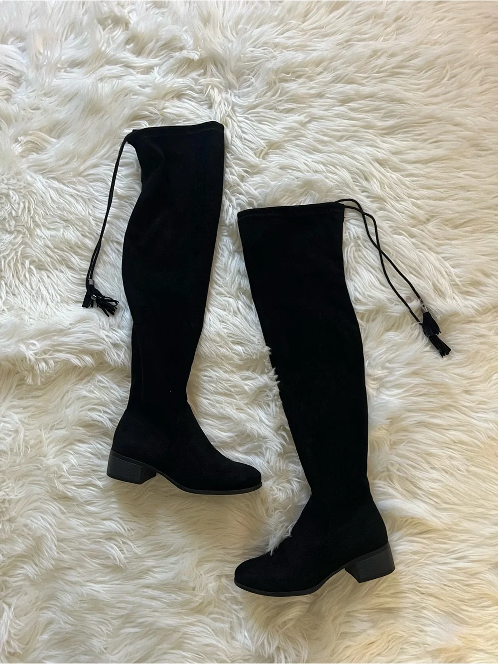 Madden Girl Over-the-Knee Black Suede Boots with Tassel Tie